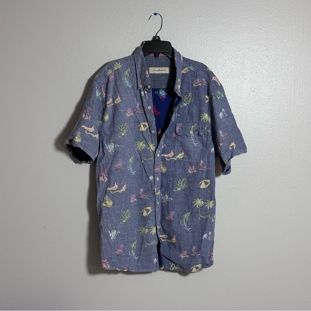 Tommy Bahama Men Hawaiian Beach Blue Striped‎ Reverse Print Size L.